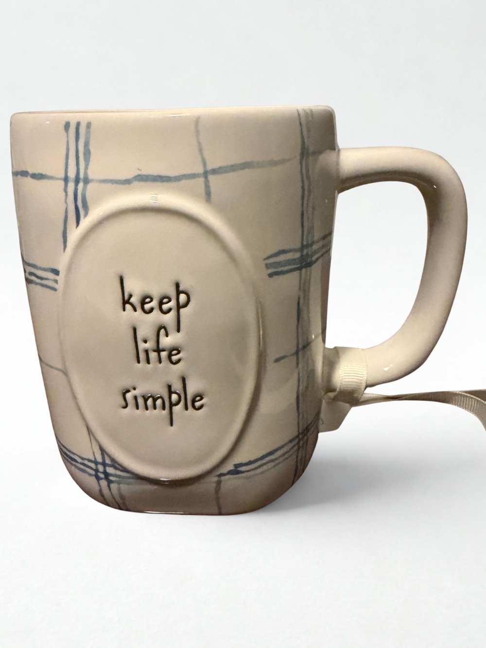Rae Dunn Beige Mug with Blue Plaid "keep life simple"